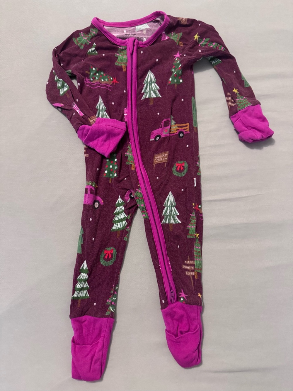 Little Sleepies Purple Holiday Tree & Truck Footie Pajamas with Pink Trim